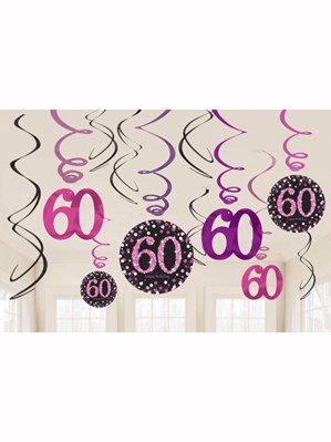 Pink Celebration 60th Birthday Hanging Swirl Decorations 12pk